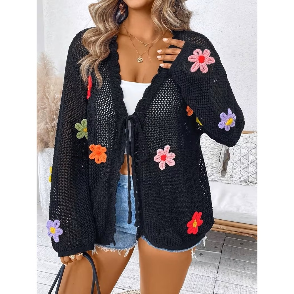 Unbranded Black Crochet Cardigan Floral Applique Open Knit Sweater NEW Plus 3X